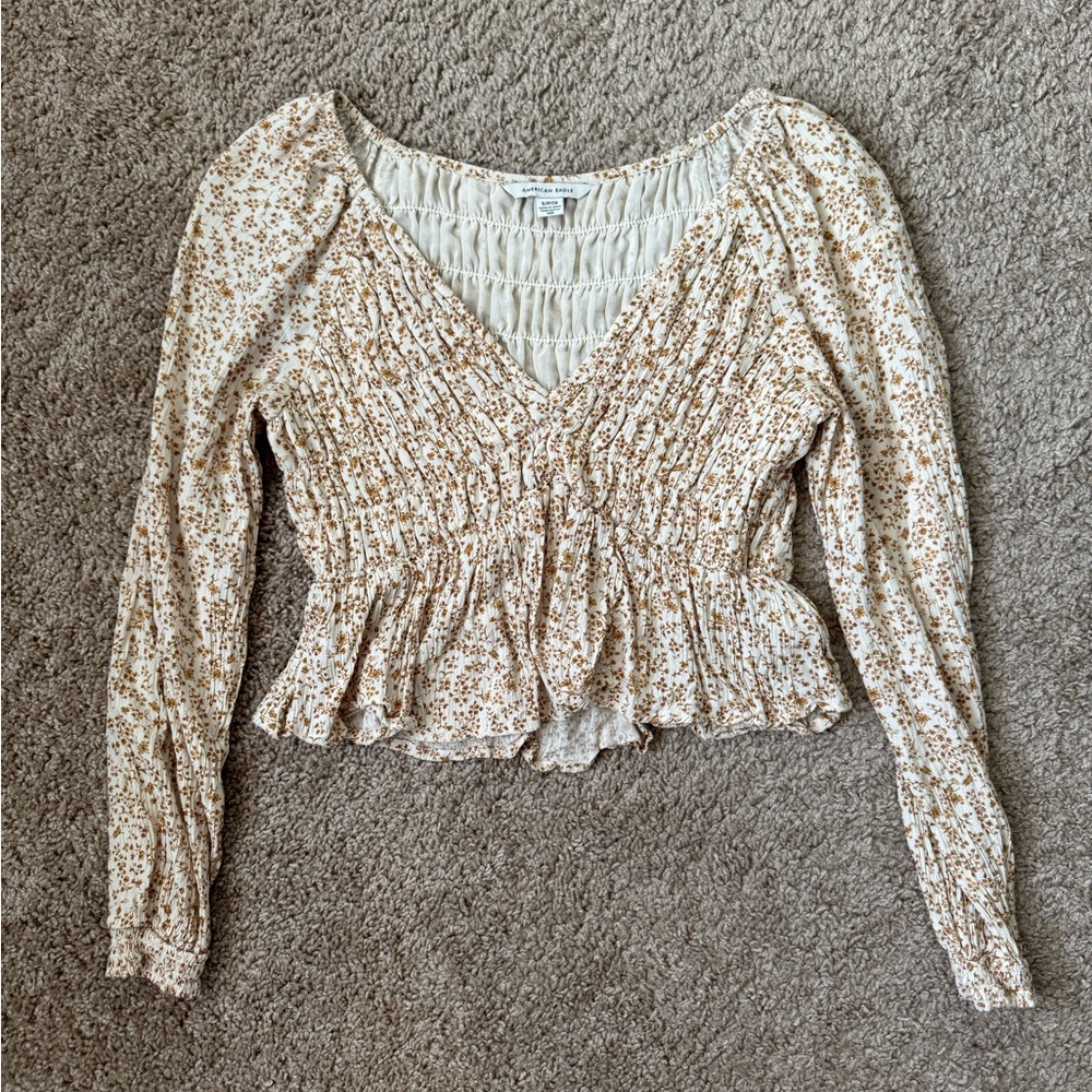American Eagle Smocked Ruched Floral Babydoll Top